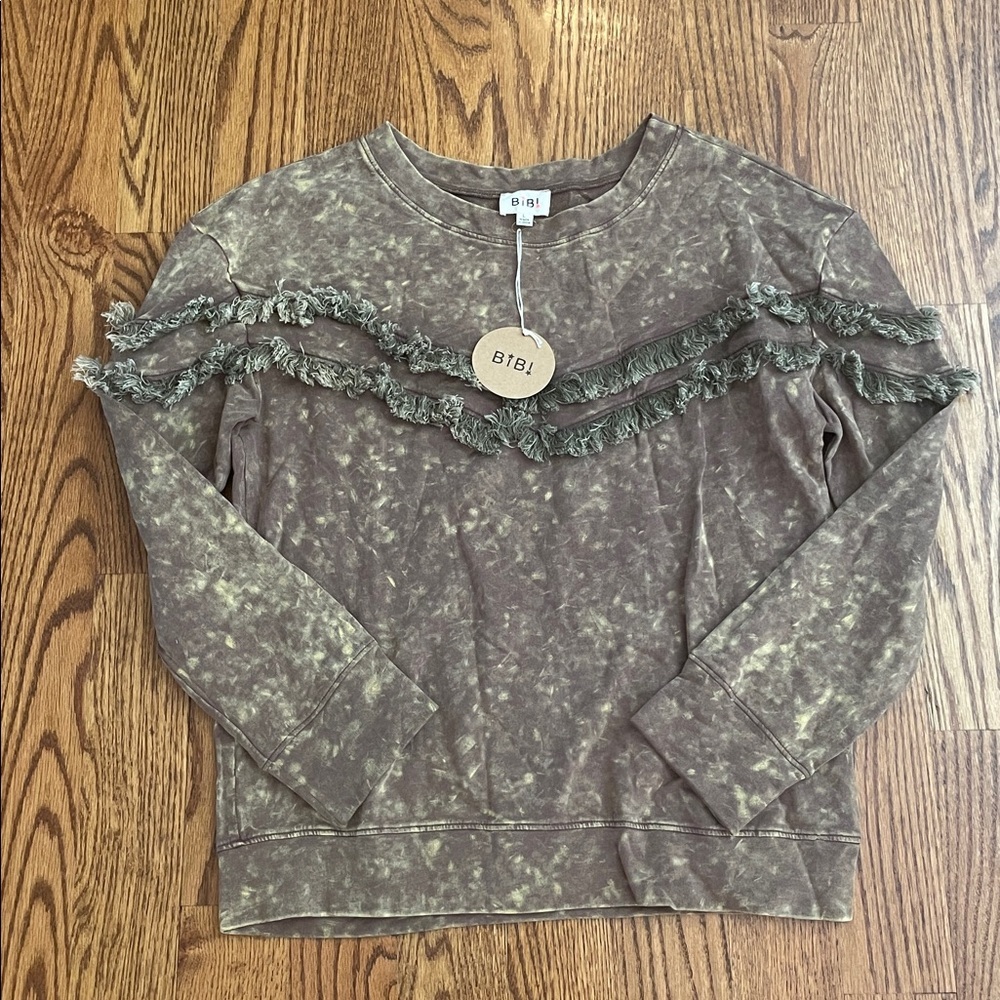 BiBi Fringed Crew Neck Hunter Green Pullover Coastal Cowgirl Top Size Large